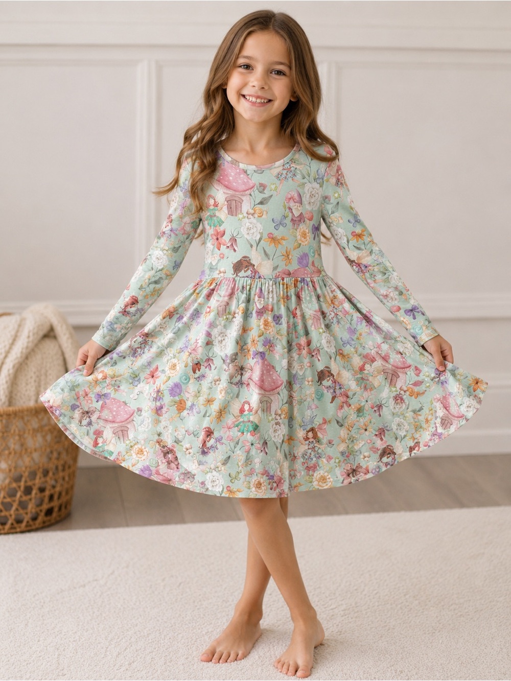 Posh Peanut Fairy Meadow Long Sleeve Twirl Dress | Size 8 cottagecore bamboo